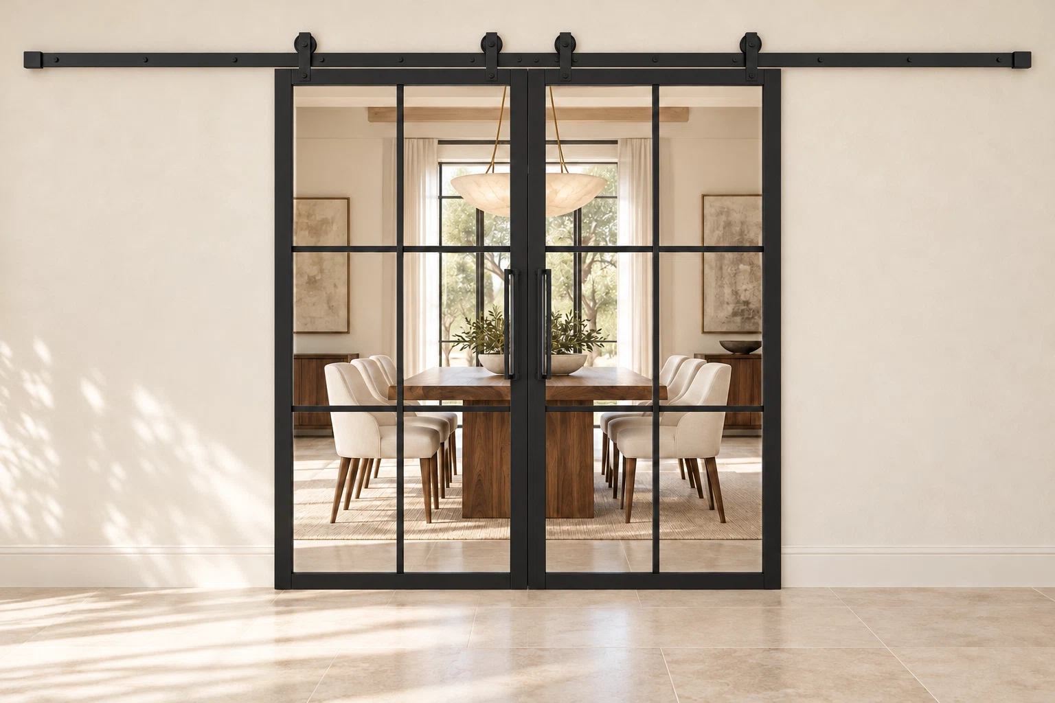 USABD 6 Lite Interior Double Barn Door with included rectangular pulls — dining