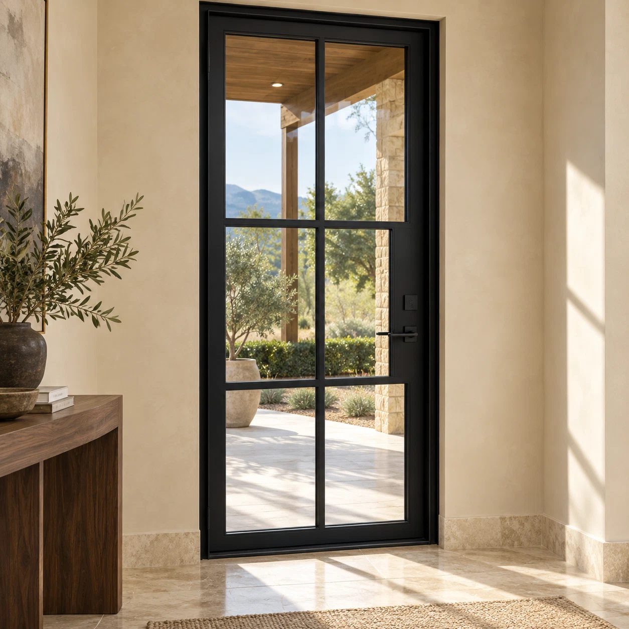 Lite 6 Single thermally broken black steel door in a luxury interior foyer — lifestyle visualization
