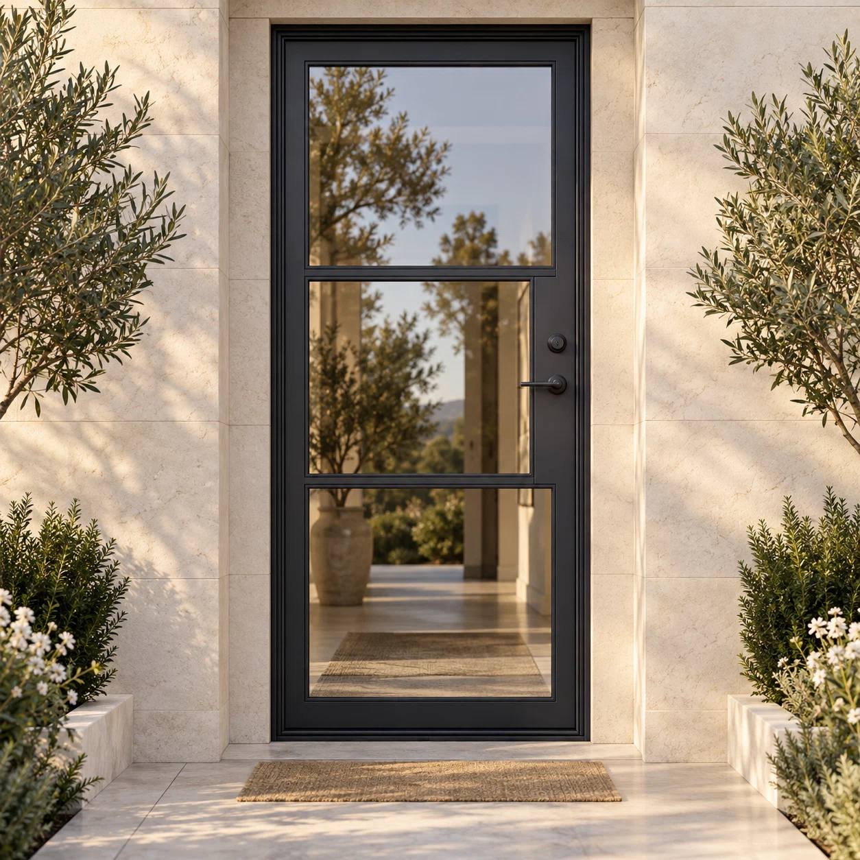 Custom Crafted 3-lite single thermally broken steel door in a limestone exterior in warm daylight — lifestyle visualization
