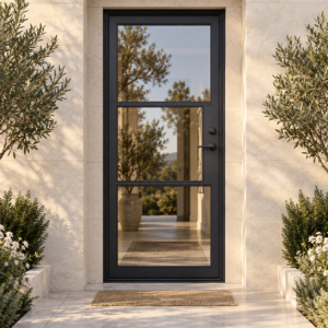 Custom Crafted 3-lite single thermally broken steel door in a limestone exterior in warm daylight — lifestyle visualization