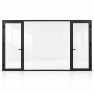 Full-lite dual single steel doors with undivided fixed center — studio AI design visualization; hardware illustrative