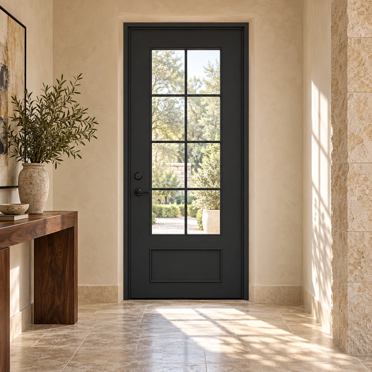 Hudson Single thermally broken black steel door in a luxury interior foyer — lifestyle visualization