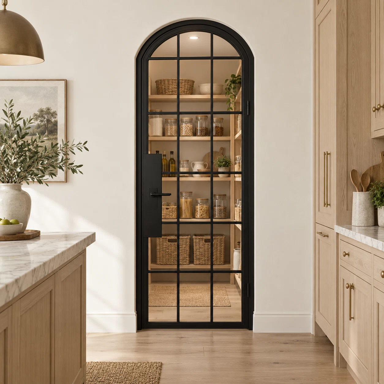 18 Lite Steel Pantry Arched Top French Door leading into an oak pantry from an ivory kitchen — product visualization