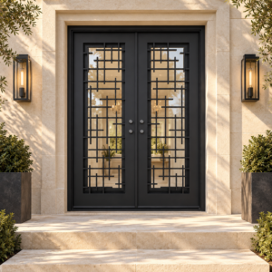 Florence Double thermally broken black steel door in a luxury limestone exterior — lifestyle visualization