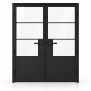 USABD 3 Lite Interior Steel Double Door with tall bottom panels and included rectangular lever hardware — studio