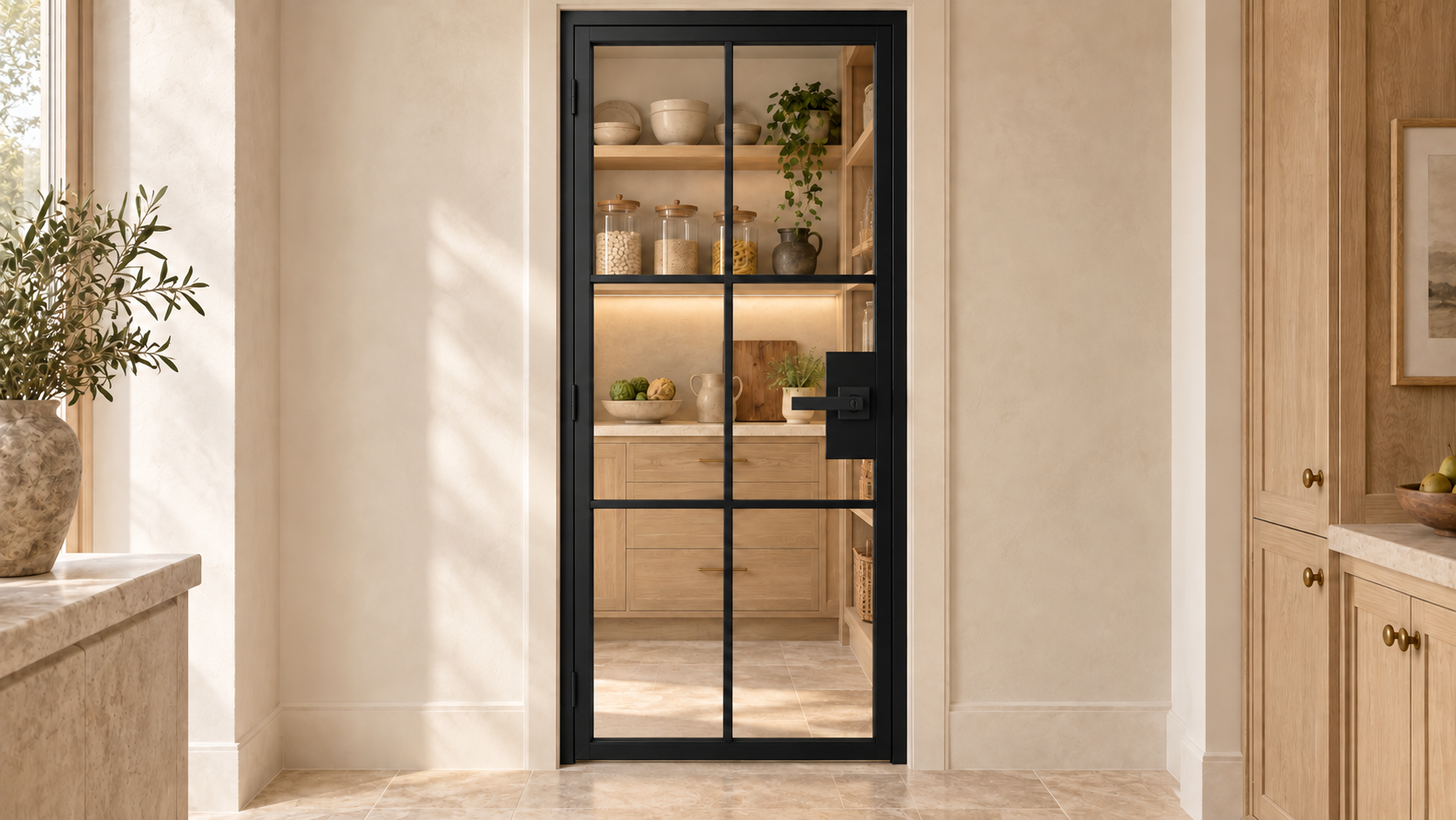 USABD six-lite full-height-grid interior hinged steel door with included lever lock — pantry