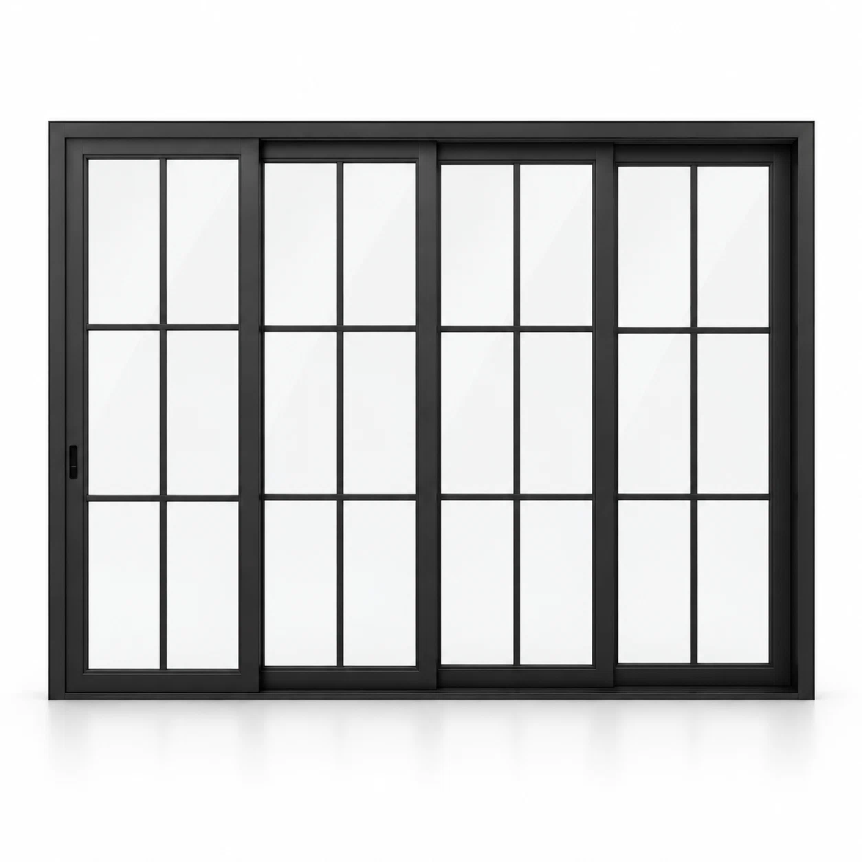 6-lite 4-panel black steel sliding door on white background — product visualization