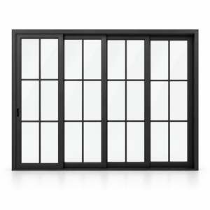 6-lite 4-panel black steel sliding door on white background — product visualization