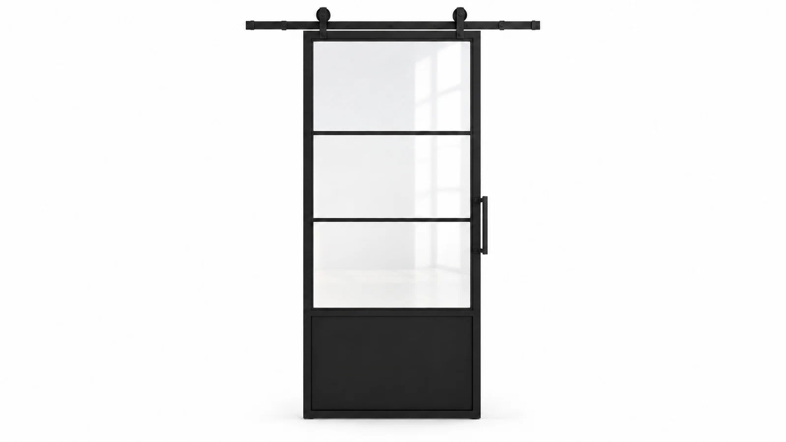 USABD 3 Lite clear-glass interior barn door with steel lower panel and included rectangular pull — studio