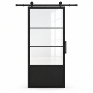 USABD 3 Lite clear-glass interior barn door with steel lower panel and included rectangular pull — studio