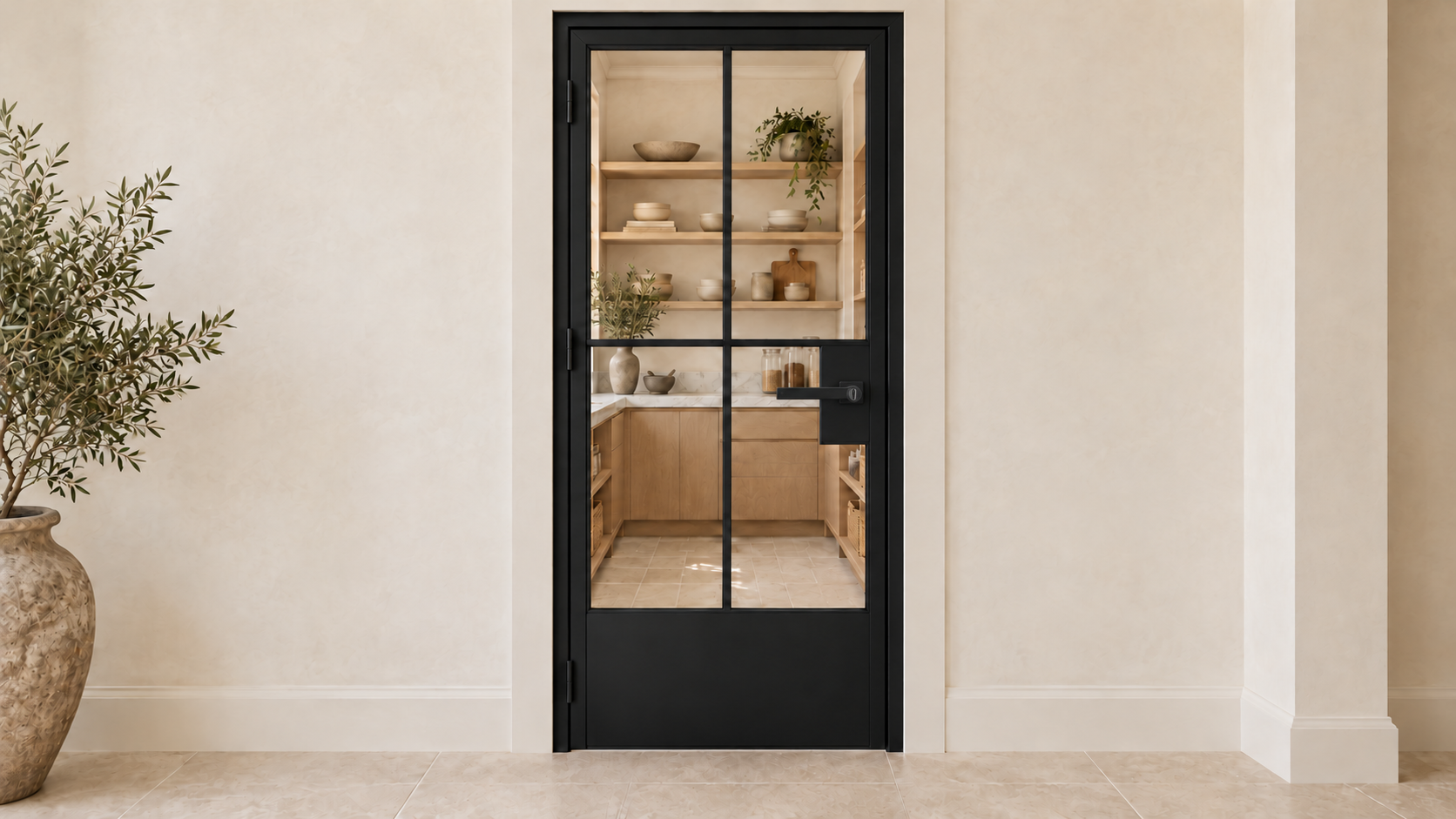 USABD 4 Lite interior steel French door with grid and solid bottom panel — pantry view