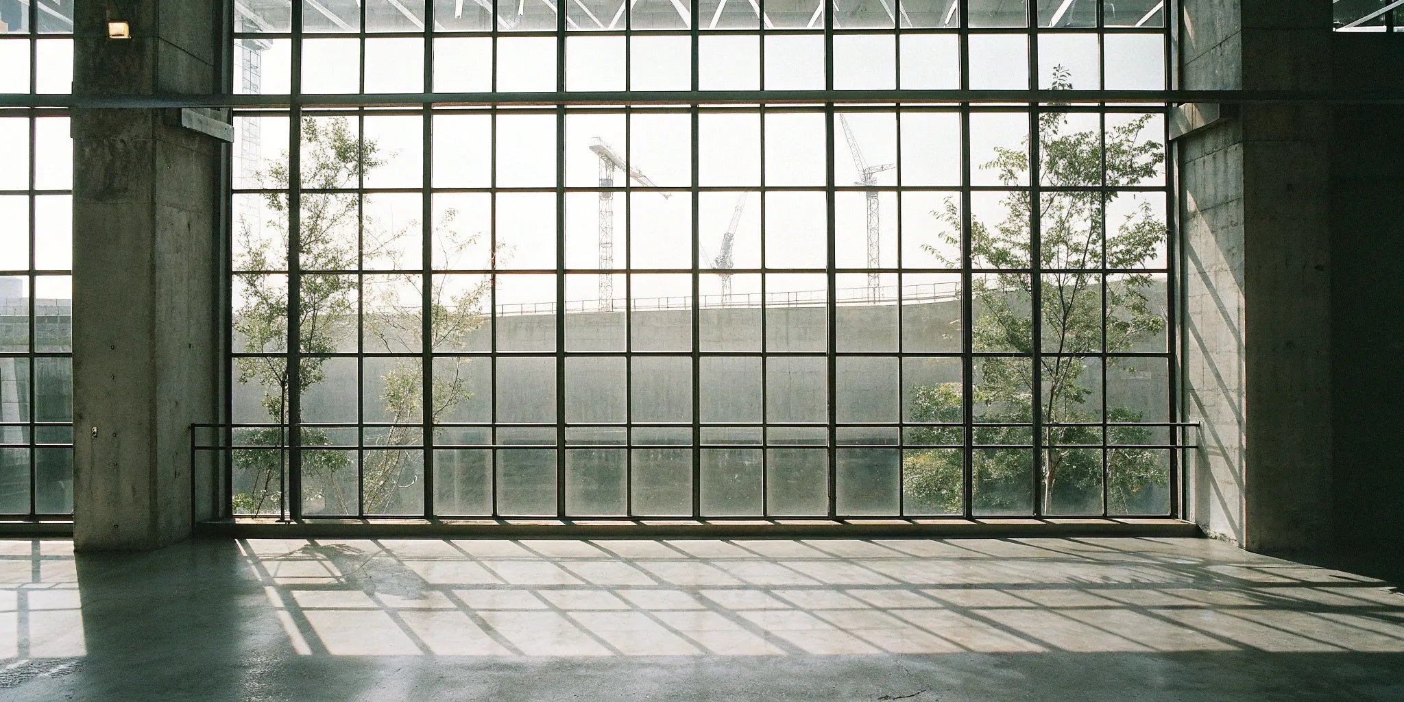 Large, durable commercial steel windows with a modern grid design.