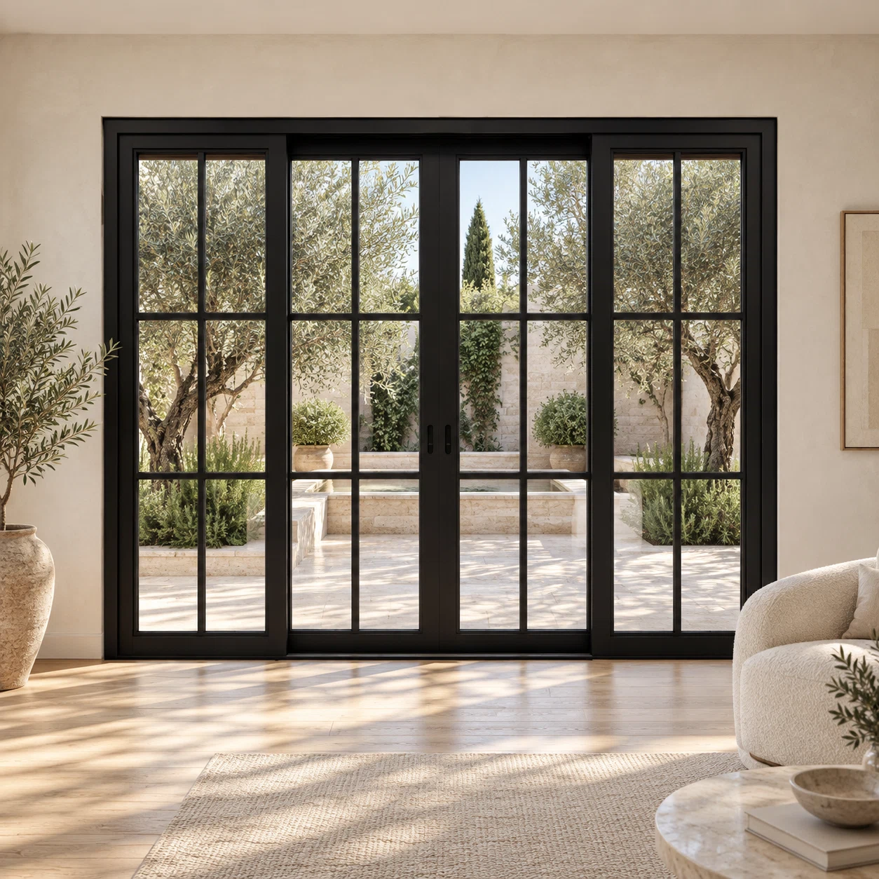 6-lite 4-panel center-opening black steel sliding door in an ivory sitting room overlooking an olive courtyard — lifestyle visualization