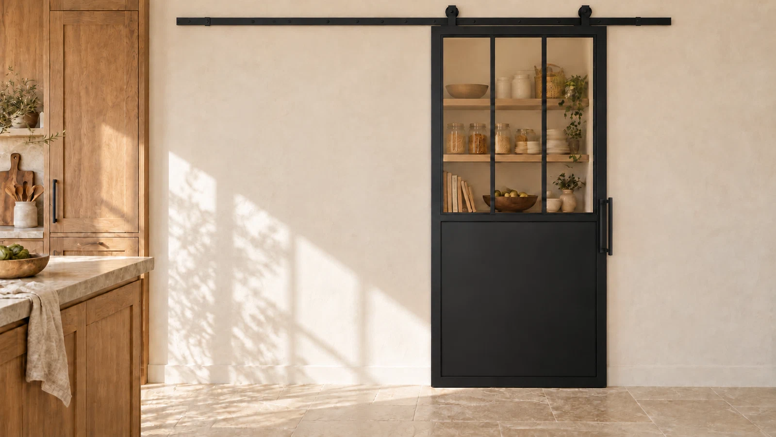 USABD 3 Lite Interior Steel Barn Door with three vertical upper panes and included rectangular pull — pantry