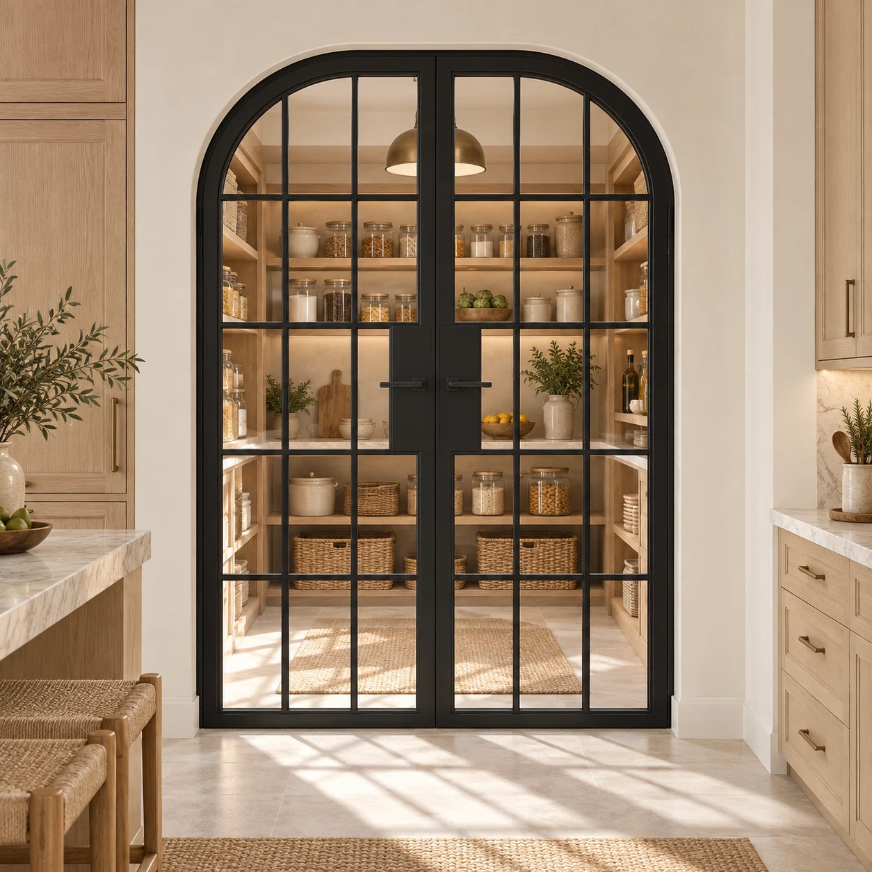 15 Lite Steel Pantry Round Top French Double Door leading into an oak pantry from an ivory kitchen — product visualization