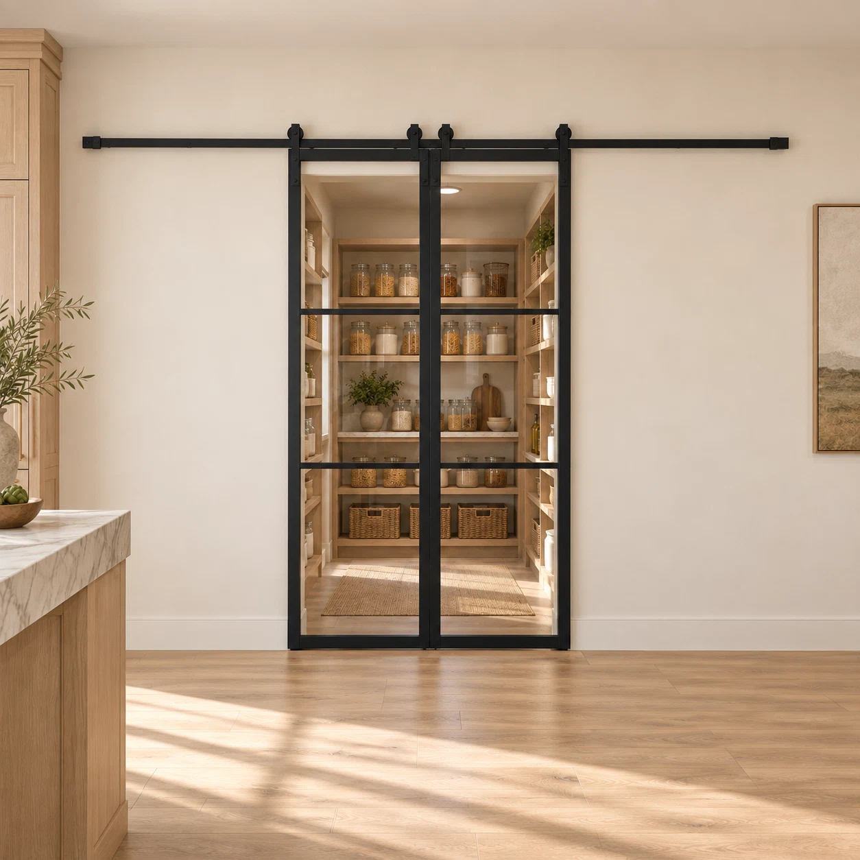 3-Lite Double Steel Barn Pantry Door leading into an oak pantry from an ivory kitchen — product visualization