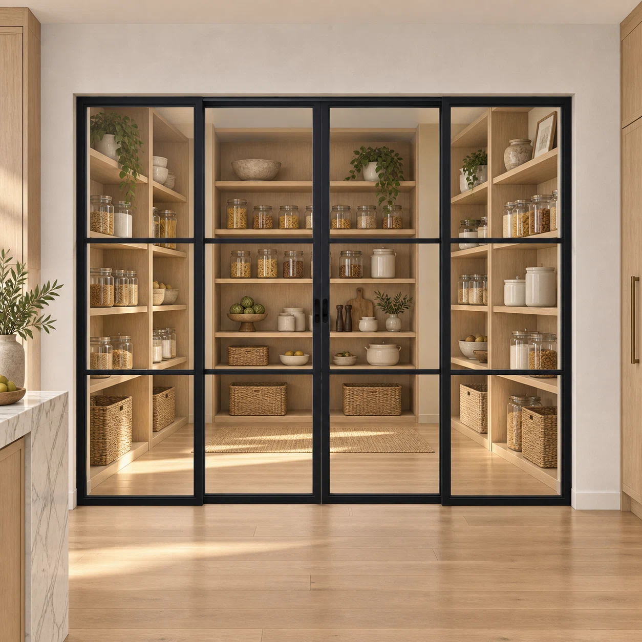 3-Lite Interior Steel Sliding Pantry Door leading into an oak pantry from an ivory kitchen — product visualization