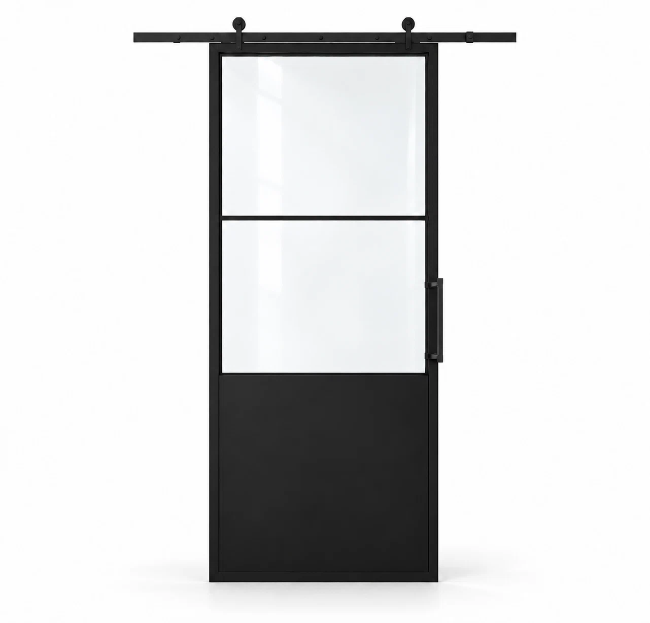 USABD 2 Lite Interior Barn Door with Steel Panel — studio view with included rectangular pull
