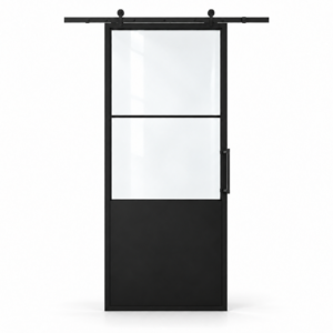 USABD 2 Lite Interior Barn Door with Steel Panel — studio view with included rectangular pull