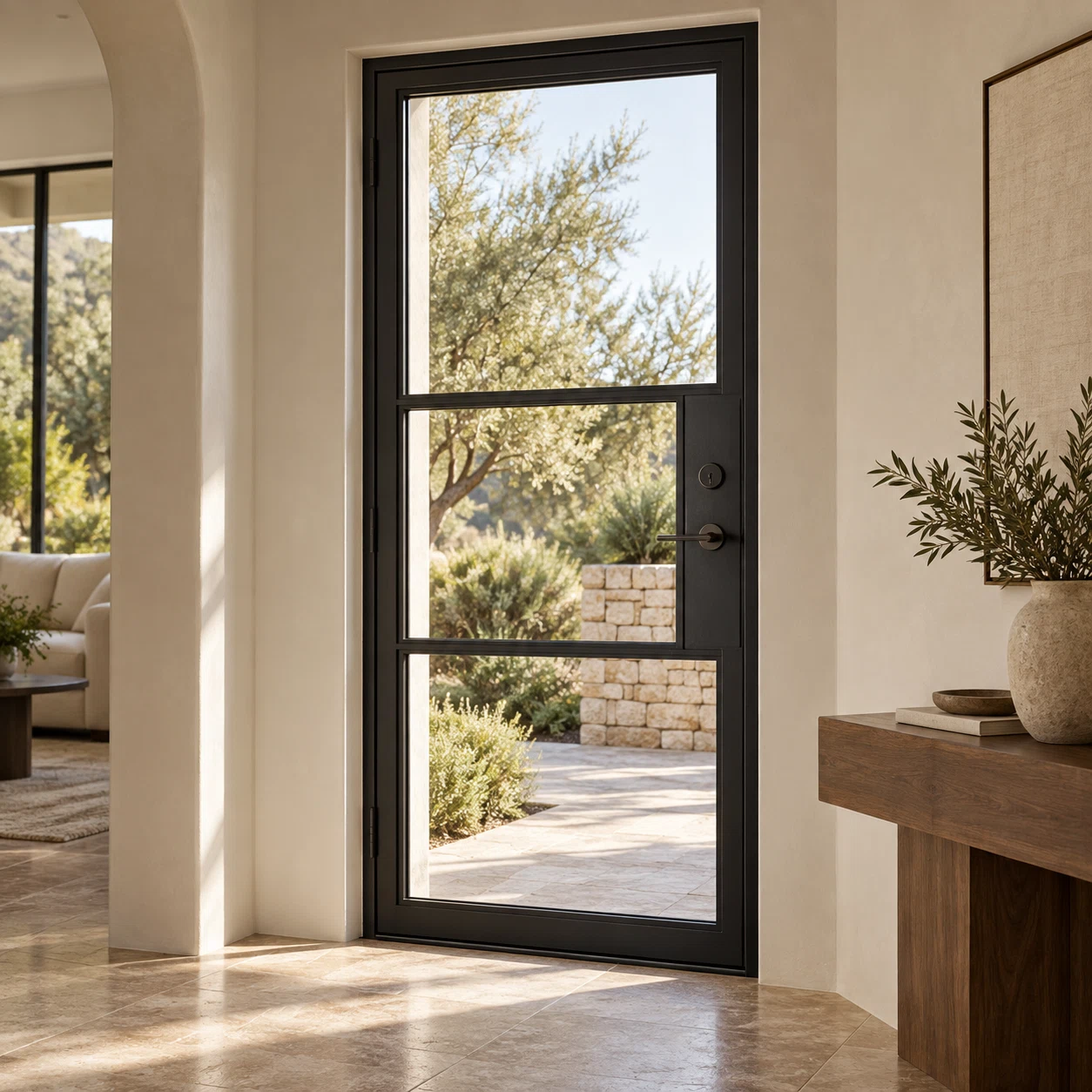 Custom Crafted 3-lite single thermally broken steel door in a travertine and walnut interior foyer — lifestyle visualization