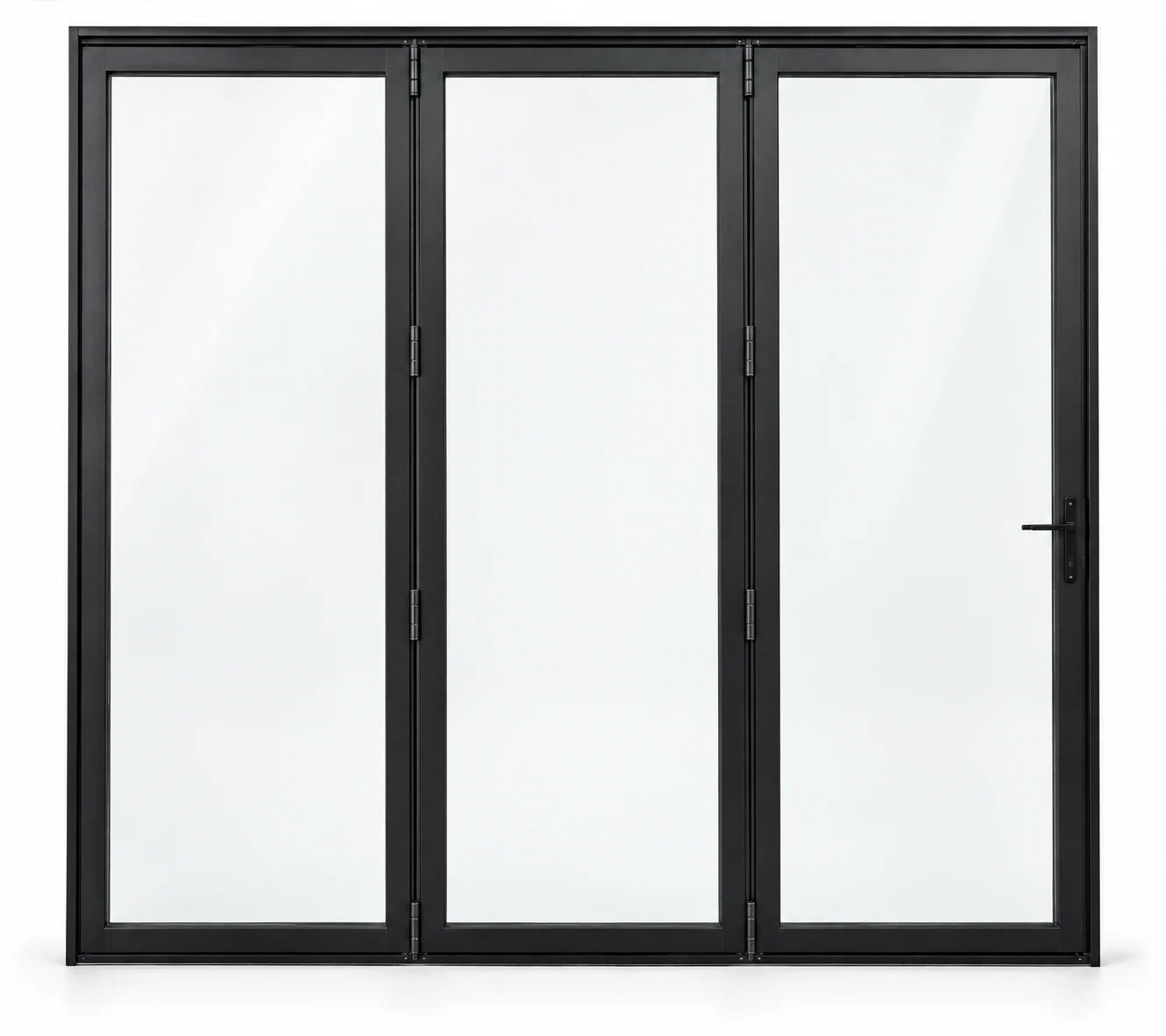 Full lite three-panel steel bifold door, three undivided panes — studio AI design visualization