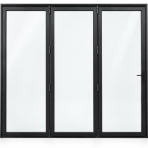 Full lite three-panel steel bifold door, three undivided panes — studio AI design visualization
