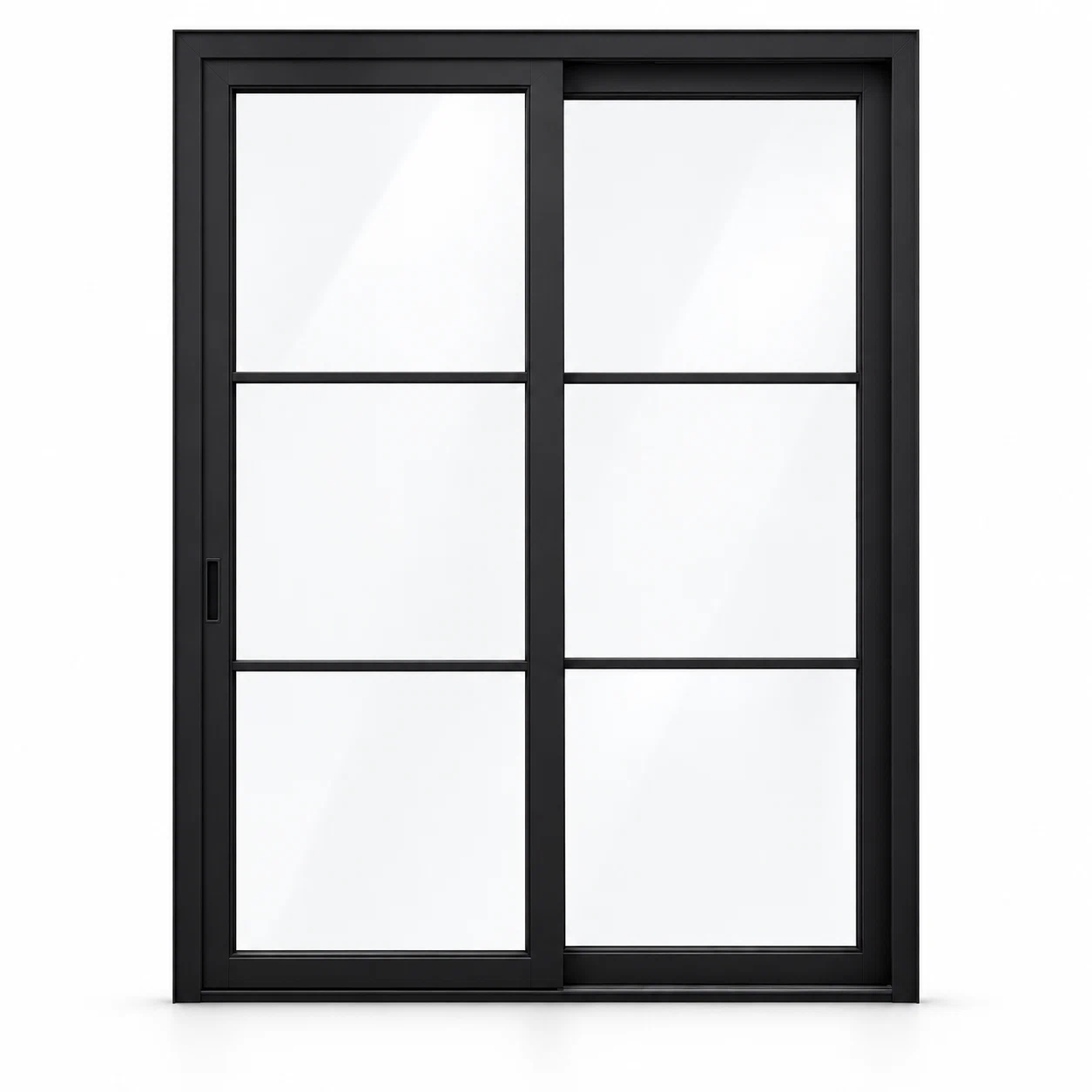 Black two-panel steel sliding door with three stacked glass lites per panel on white background — product visualization