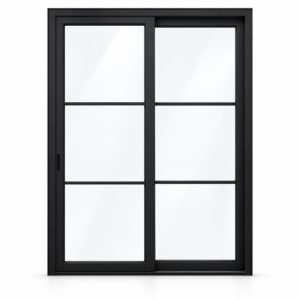 Black two-panel steel sliding door with three stacked glass lites per panel on white background — product visualization