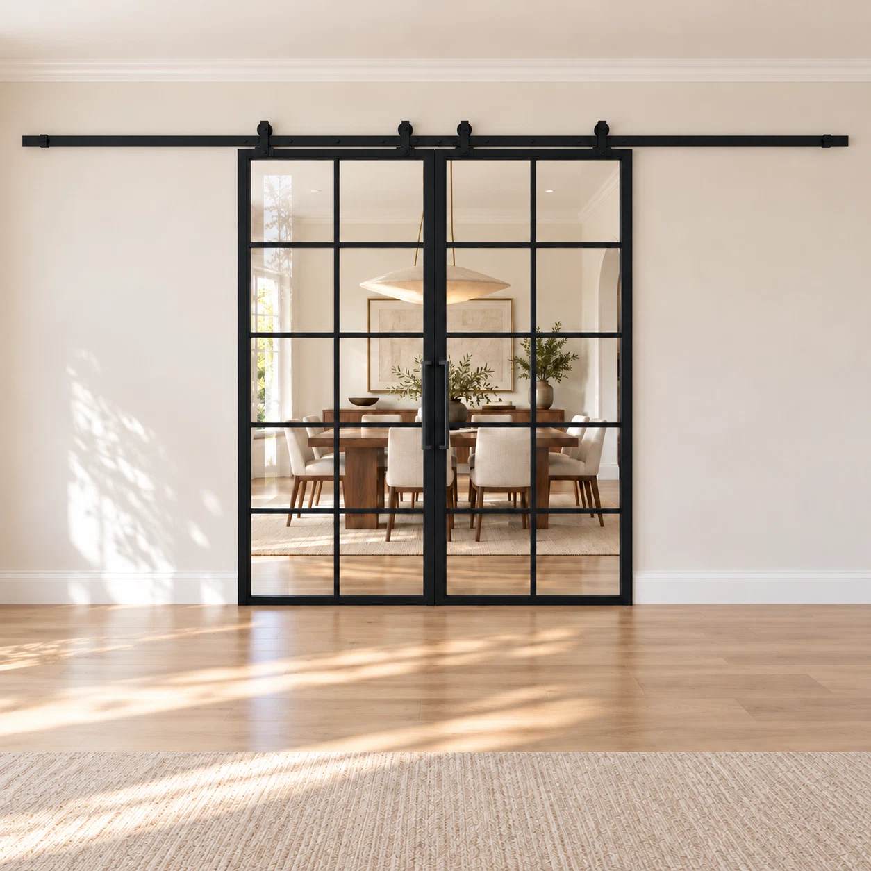 10 Lite double interior steel barn doors with included rectangular pulls — dining