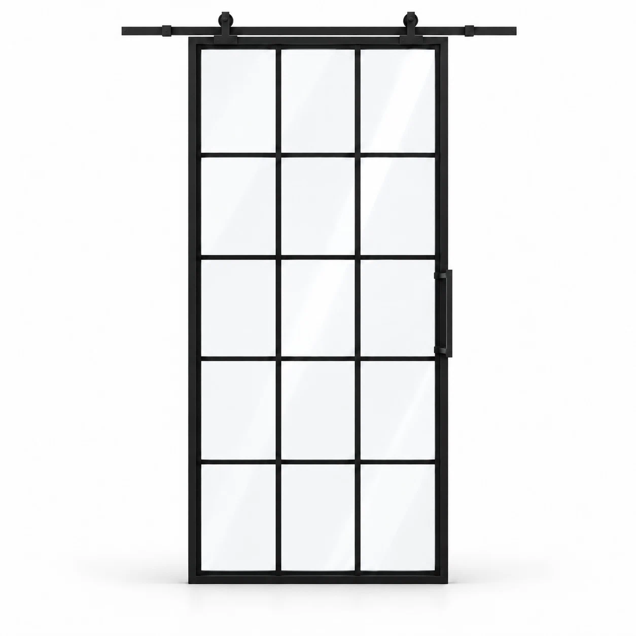 15 Lite interior steel barn door with included rectangular pull — studio