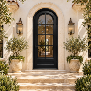 Arcelli Arched Single Iron French Door in a luxury villa setting — design visualization