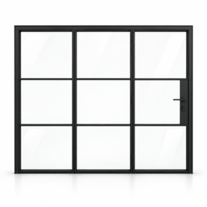 3S three-panel black steel bifold door on a white background — product visualization