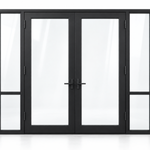 Full-lite double steel door with divided sidelights — studio AI design visualization; hardware illustrative