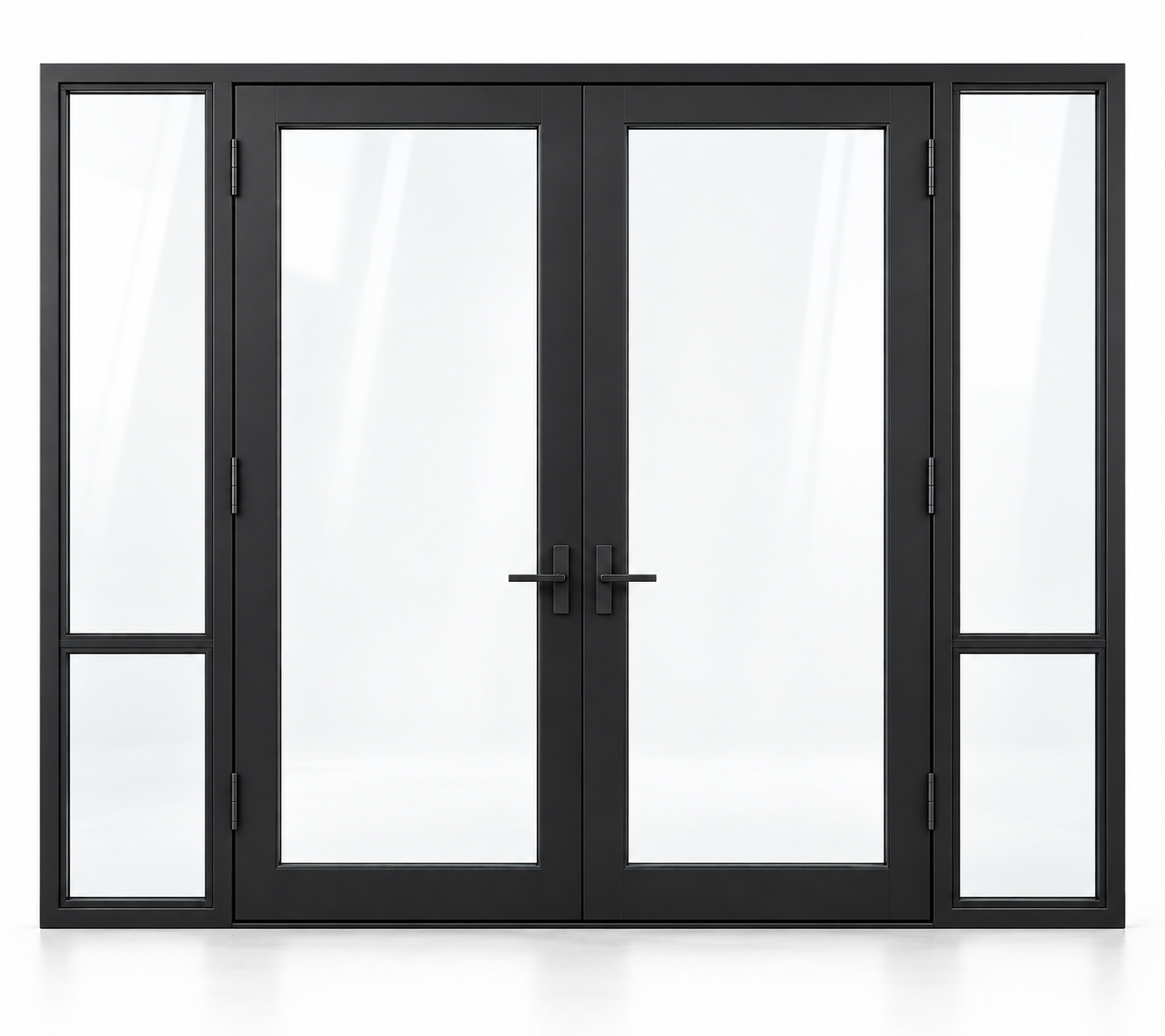 Full-lite double steel door with divided sidelights — studio AI design visualization; hardware illustrative