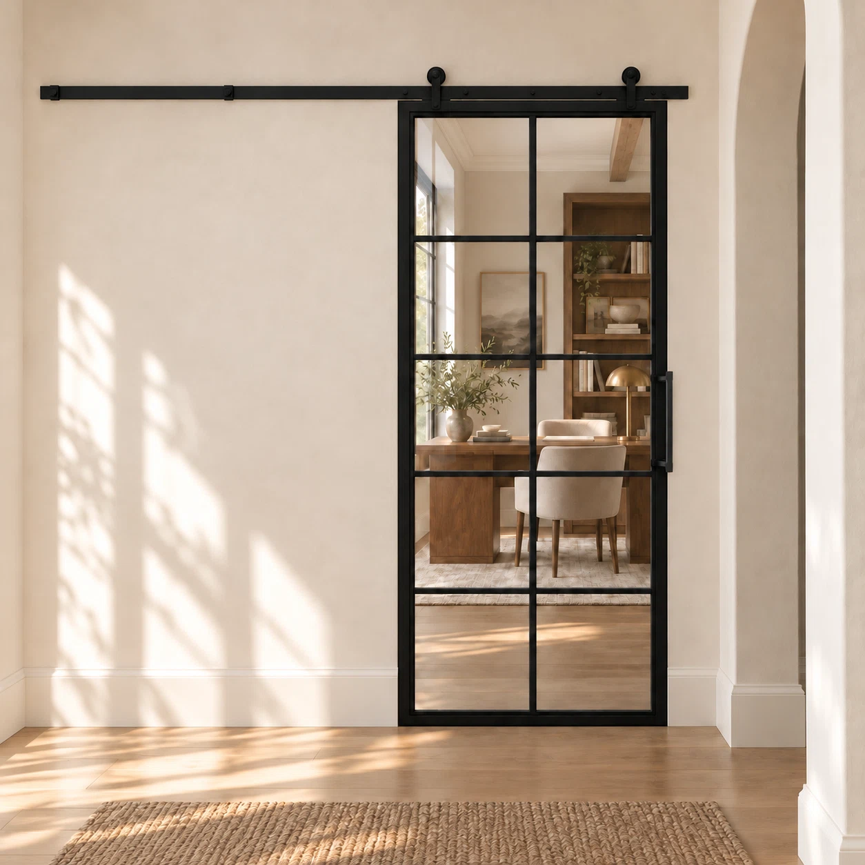 USABD 10 Lite single interior barn door with included rectangular pull — office visualization