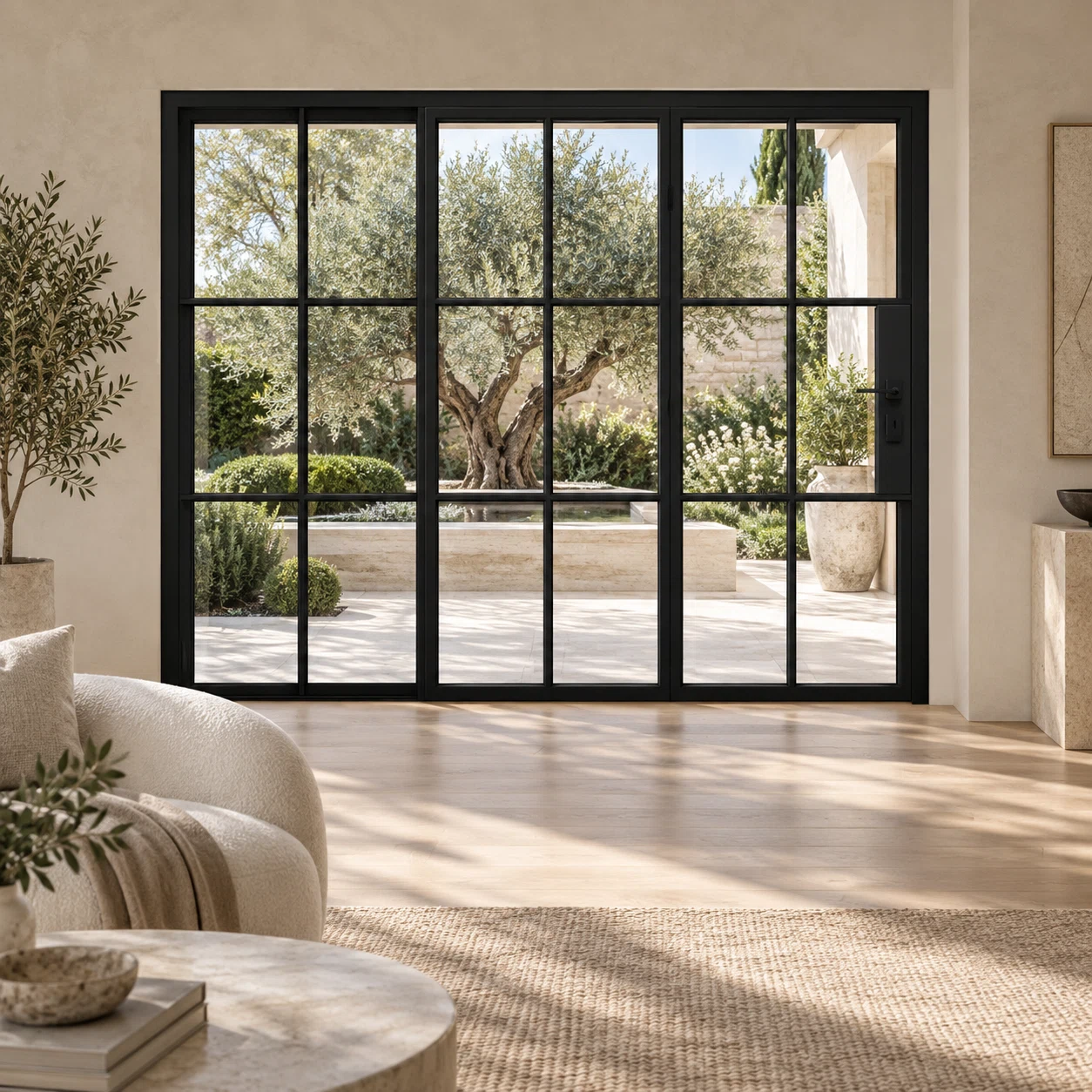 6S three-panel black steel bifold door in a limestone living room overlooking an olive courtyard — lifestyle visualization