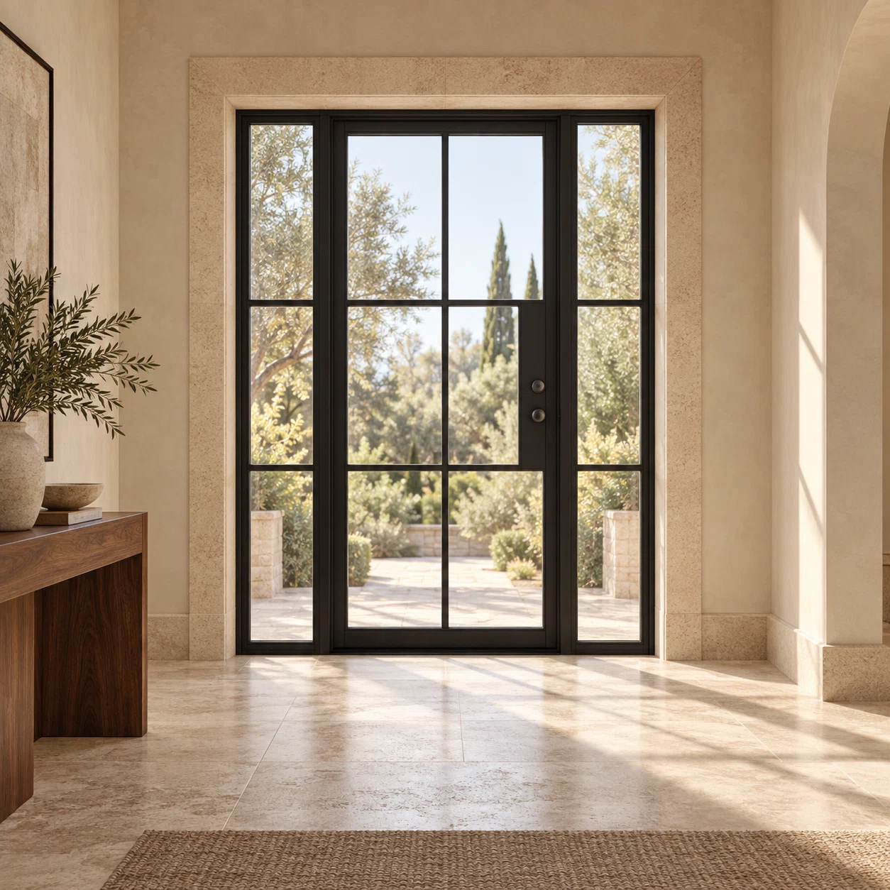 Lite 6 Single + Sidelights thermally broken black steel door in a luxury interior foyer — lifestyle visualization