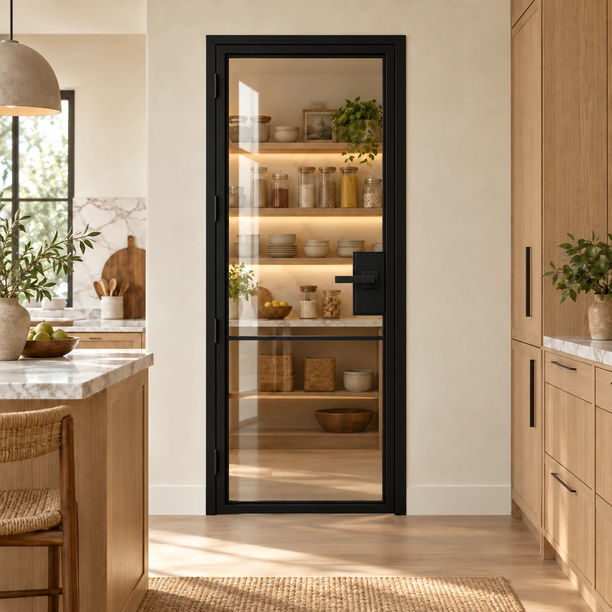USABD 2 Lite Interior Steel French Door with included black lever hardware — pantry