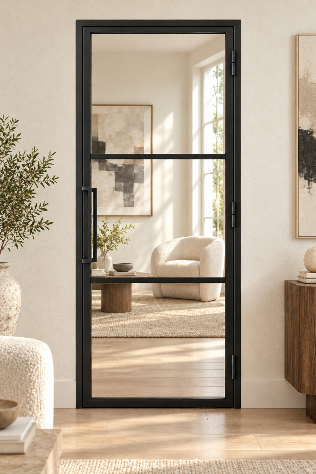 USABD 3 Lite Interior Steel French Door with included rectangular pull — lounge