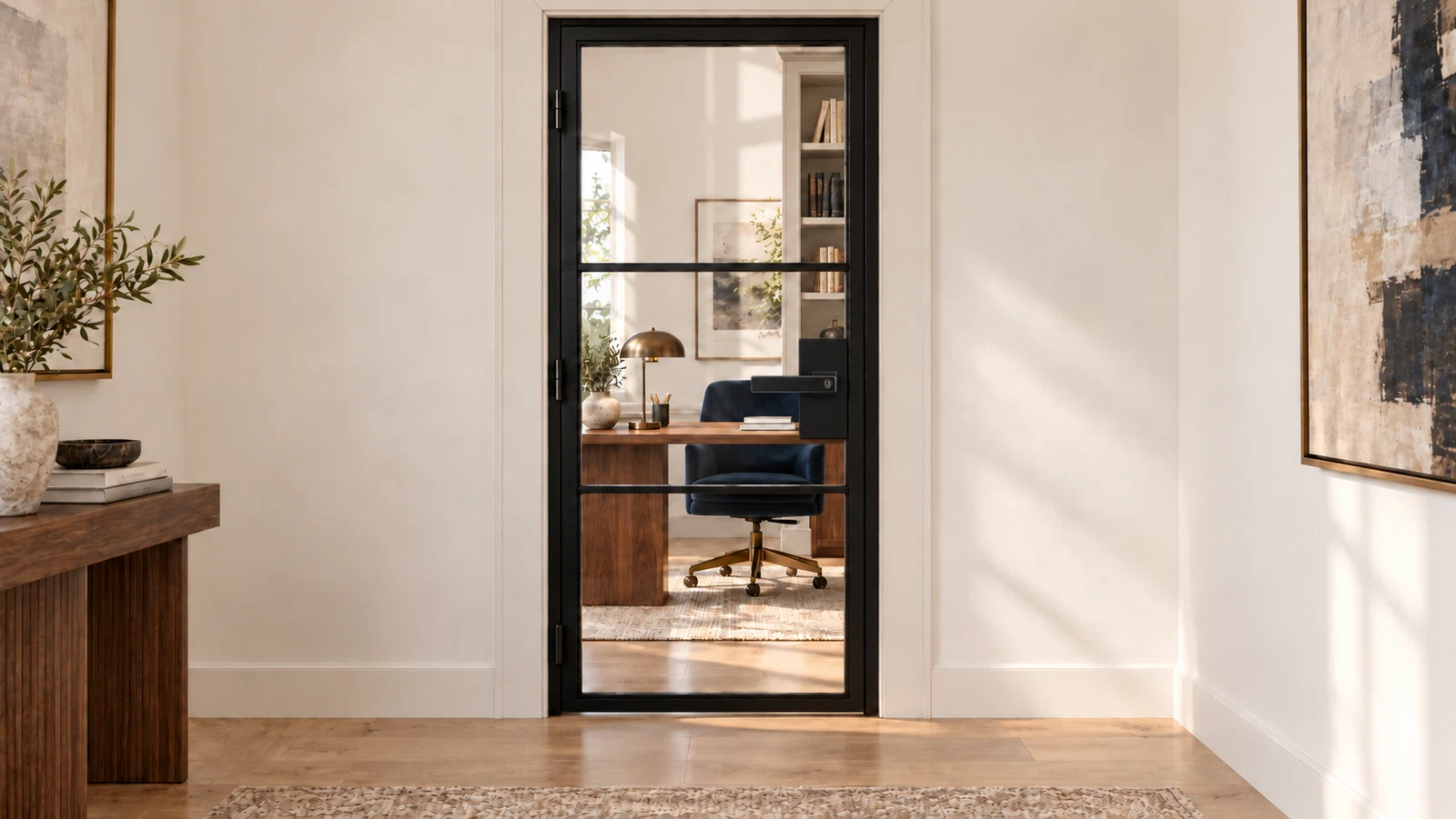 USABD 3 Lite Interior Steel French Door with included keyed rectangular lever — office