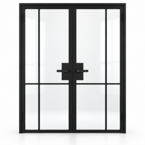 4 Lite Offset Lower Grid Interior Steel Double Door with included lever hardware — studio view