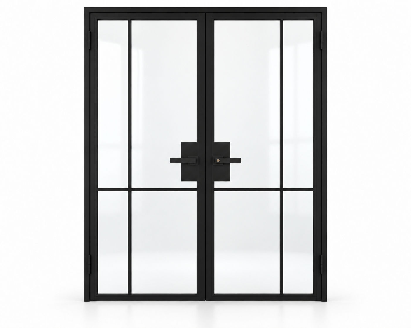 4 Lite Offset Lower Grid Interior Steel Double Door with included lever hardware — studio view