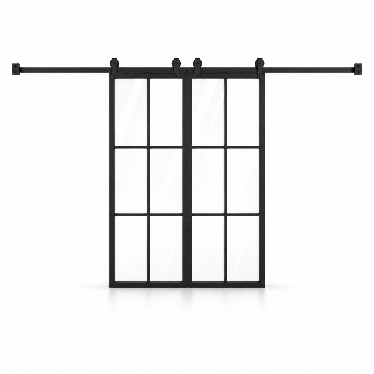 6-Lite Double Steel Barn Pantry Door with exposed sliding track on a white background — product visualization