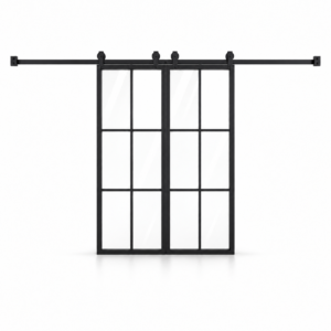 6-Lite Double Steel Barn Pantry Door with exposed sliding track on a white background — product visualization