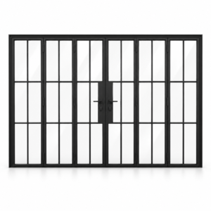6S 3+3-panel black cold-rolled steel bifold door on a white background — product visualization
