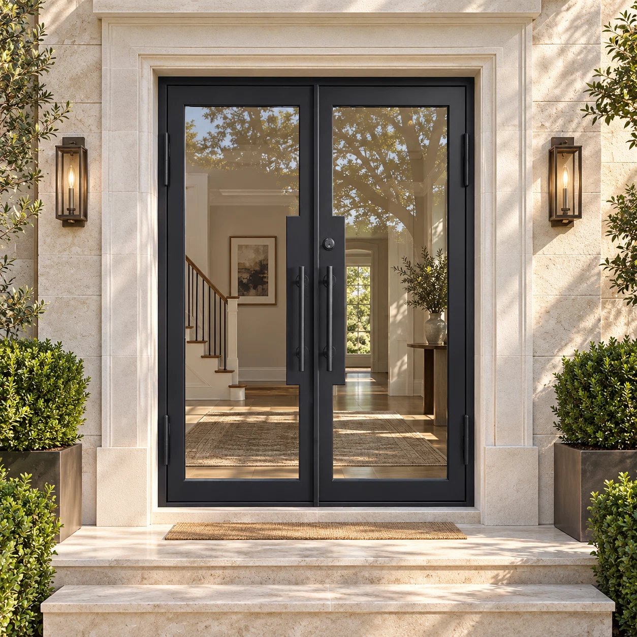 Clairmont Full Lite Double Iron French Door in a luxury limestone setting — design visualization