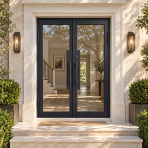 Clairmont Full Lite Double Iron French Door in a luxury limestone setting — design visualization