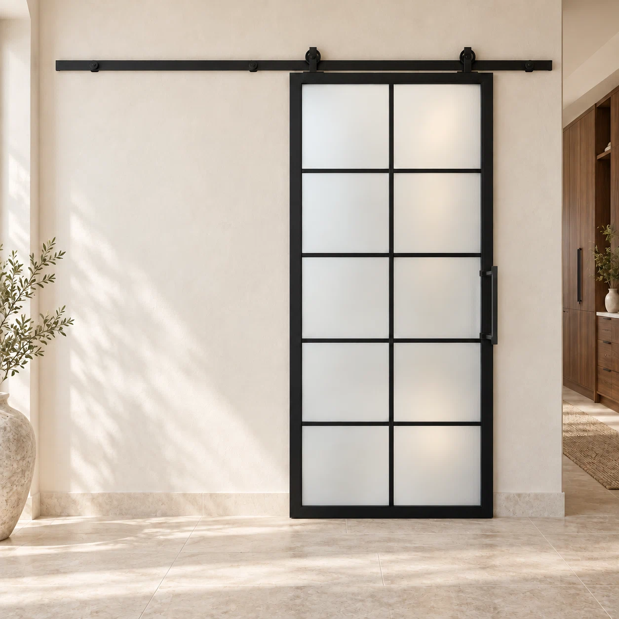 10 Lite frosted-glass interior barn door with included matte-black pull — dressing