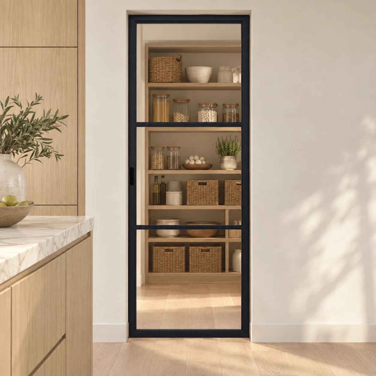 3-Lite Single Steel Pocket Pantry Door leading into an oak-shelved pantry from an ivory kitchen — product visualization