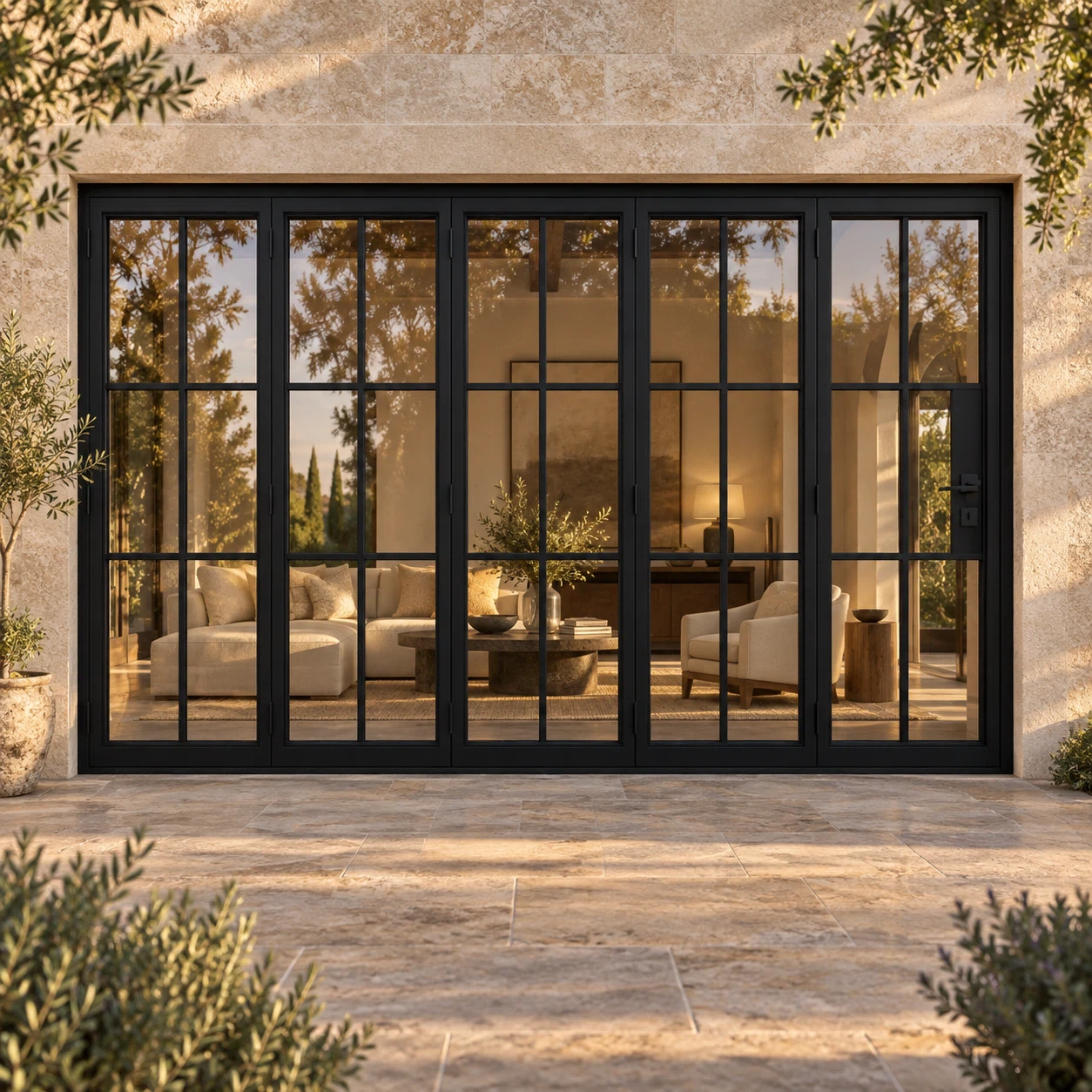 Black 6-Lite five-panel steel bifold door in a luxury limestone residence — lifestyle visualization